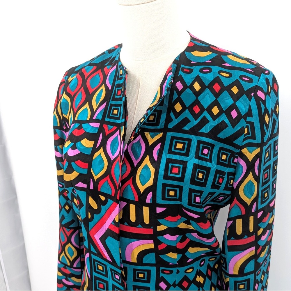Anne Crimmins Signature Silk Blend Art‎ Print Jacket Skirt Set Geometric Vintage - Picture 3 of 16